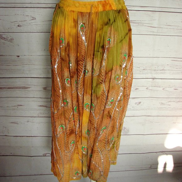 Brown Green Orange Yellow Sequin Peacock Skirt - Picture 4 of 16